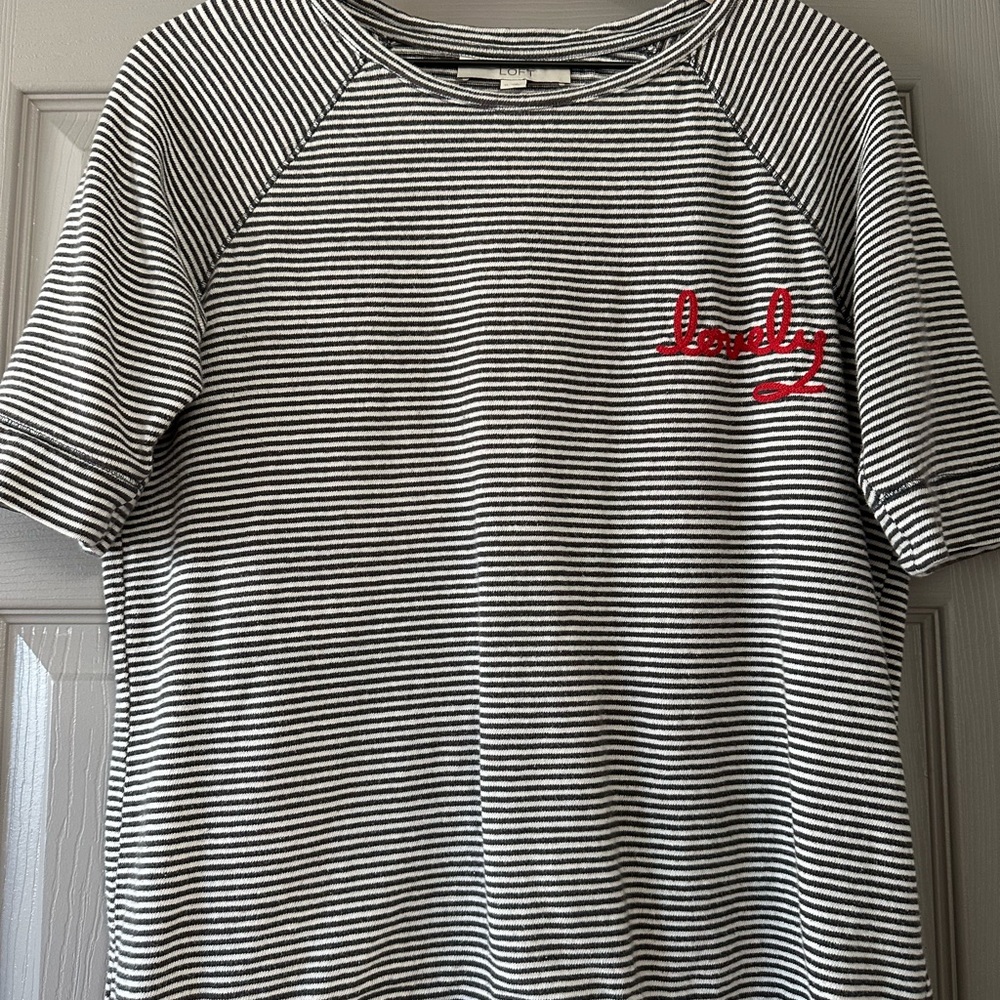 LOFT Black and White Striped Blouse with Red Detail